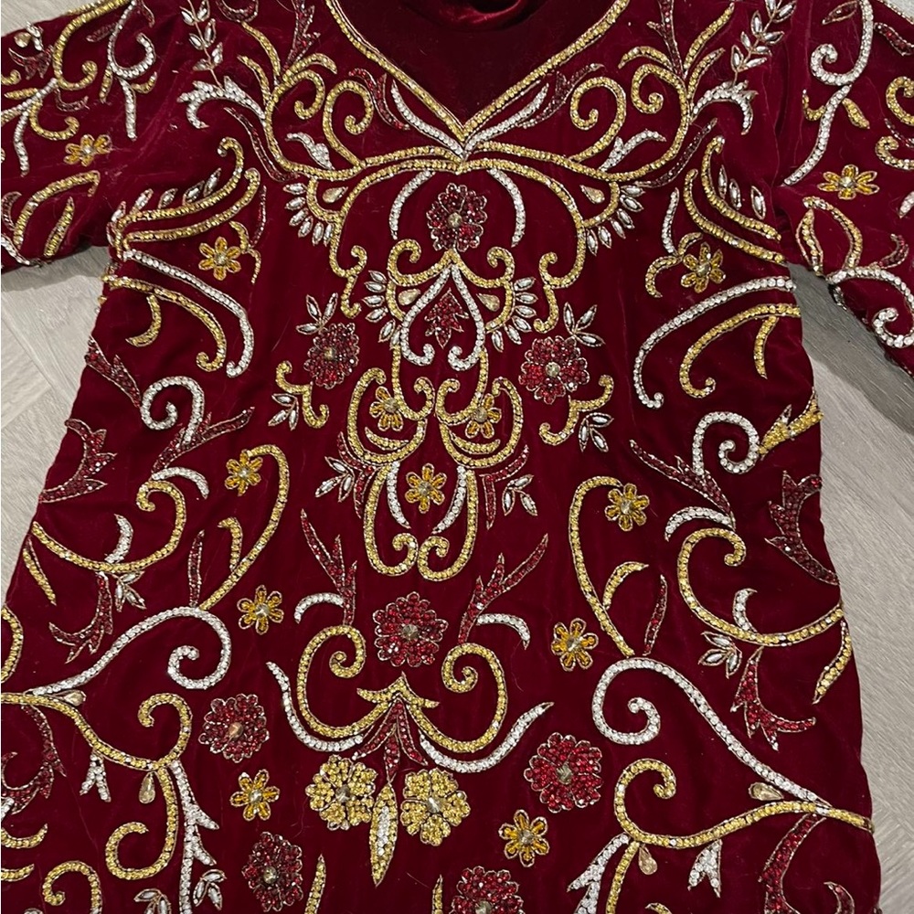 rhinestone, floral, red velvet khaftan dress thoub